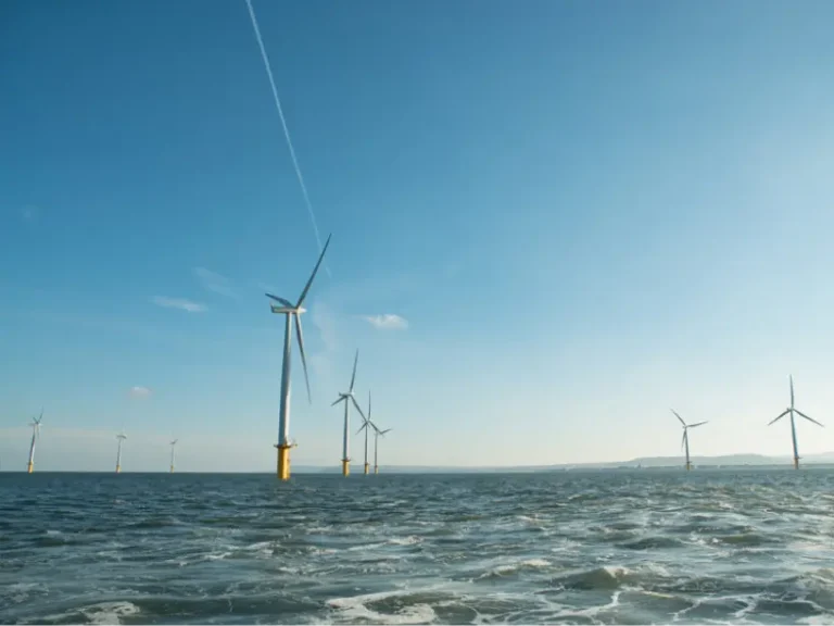 The ocean with blue sky and wind turbines