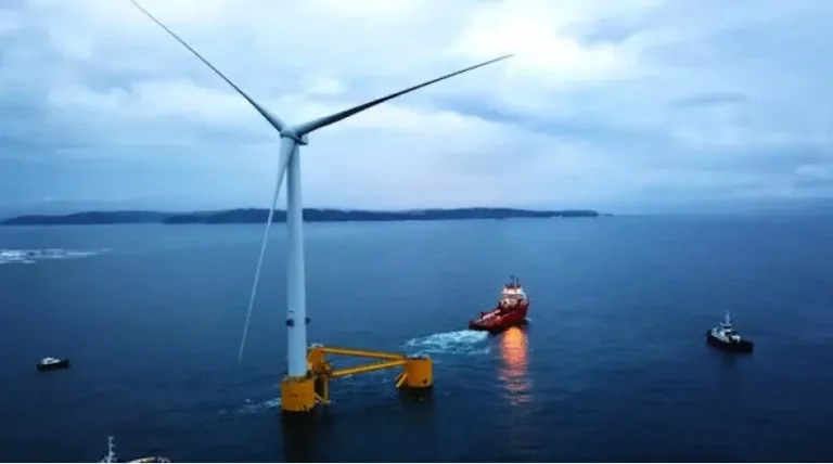 Wind turbine on the ocean on a cloudy day