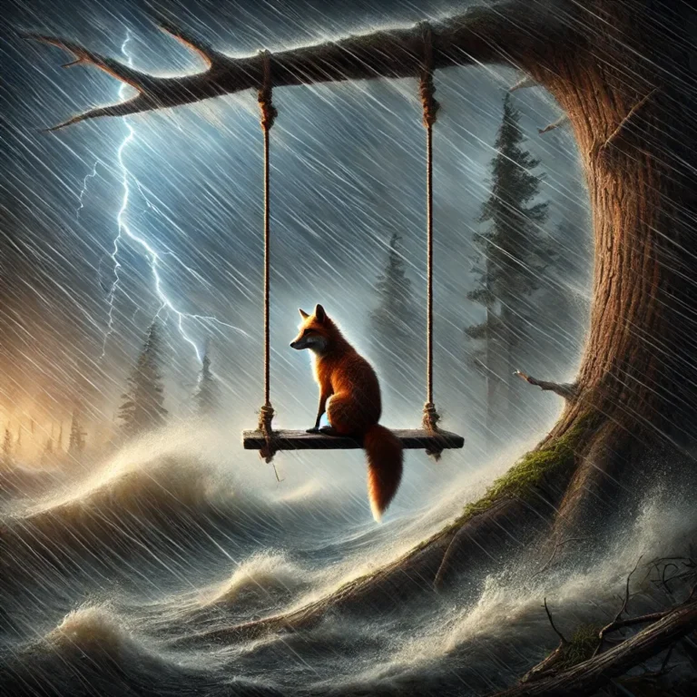 A lone fox on a wooden swing represents resonance, swaying in harmony with the stormy environment, symbolizing the natural frequency concept used in high-voltage cable testing.